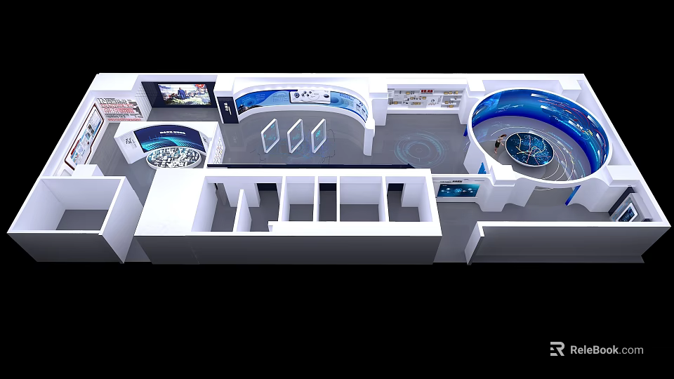 Modern Exhibition Hall Interior Design With Curved Walls Circular Stand And Display Elements 3d model