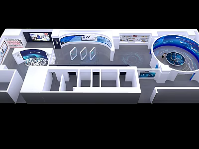 Modern Exhibition Hall Interior Design With Curved Walls Circular Stand And Display Elements 3d model