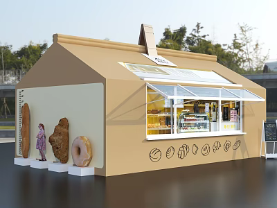 Container Building Transformed Into Retail Space With Transparent Windows And Donut Decorations 3d model