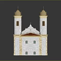 Historic Building With Twin Towers Yellow Domes Blue Walls Red Roof And Green Door