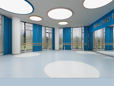 Dance Fitness Studio Interior With Blue Curtains Round Ceiling Lights White Floor And Ballet Barres 3d model