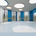 Dance Fitness Studio Interior With Blue Curtains Round Ceiling Lights White Floor And Ballet Barres
