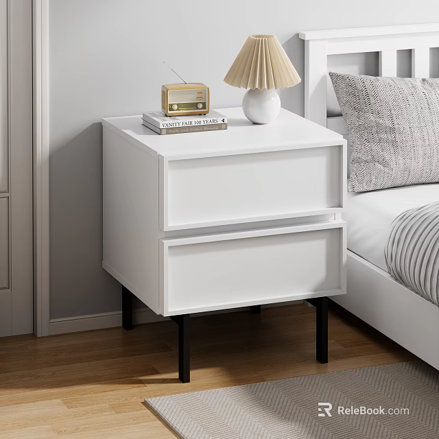 White Two-Drawer Black Legs Bedside Table With Lamp Radio And Books Next To Bed 3d model 