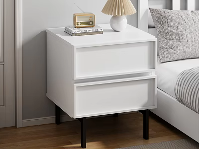 White Two-Drawer Black Legs Bedside Table With Lamp Radio And Books Next To Bed 3d model