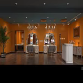 Elegant Beauty Hair Salon Interior With Orange Walls Gray Ceiling White Vanities Mirrors And Chairs