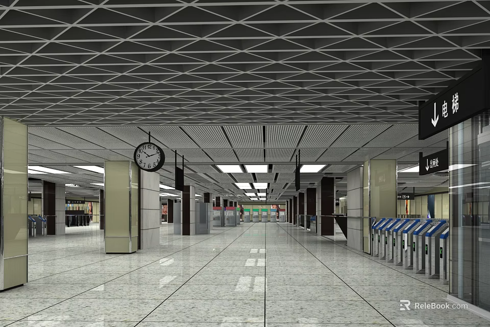 Modern Station Interior With Spacious Hall Ceiling Design Clock Ticket Machines And Polished Floor 3d model 