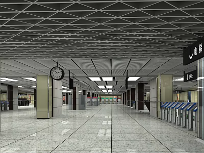 Modern Station Interior With Spacious Hall Ceiling Design Clock Ticket Machines And Polished Floor 3d model
