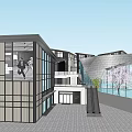 Modern Commercial Street With Glass Buildings Water Feature And Cherry Blossom Tree