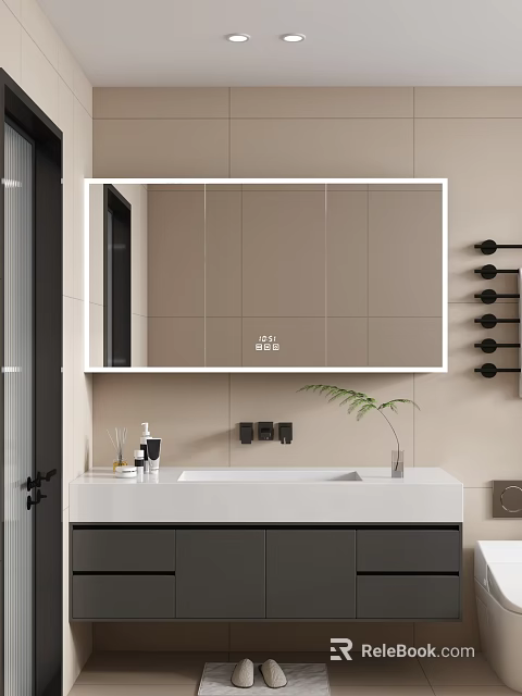 Modern Bathroom Interior With Large Mirror White Vanity Metal Faucet And Decorative Plant 3d model 