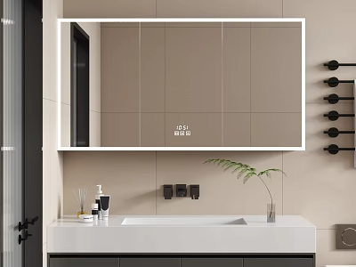 Modern Bathroom Interior With Large Mirror White Vanity Metal Faucet And Decorative Plant 3d model