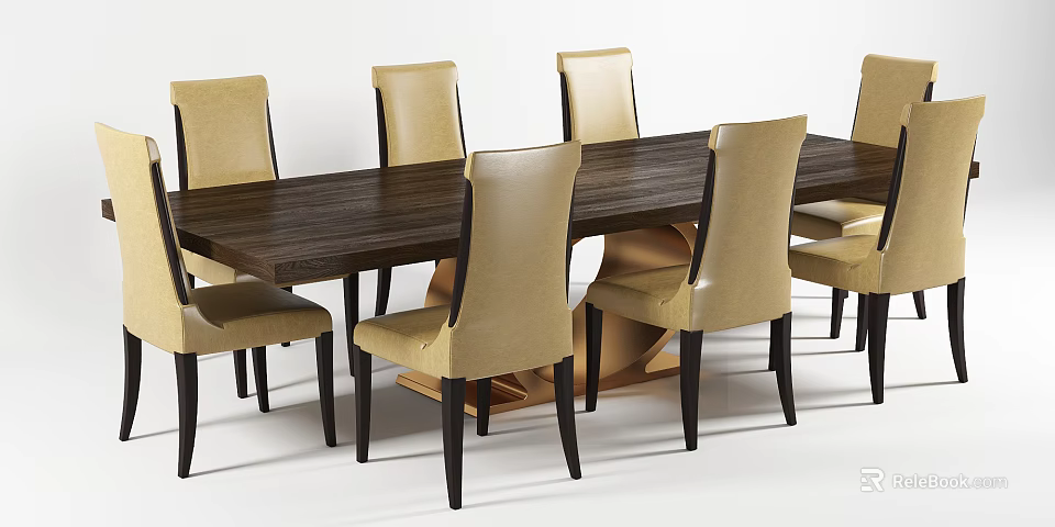 Elegant Rectangular Brown Wooden Dining Table Set With Six Beige Chairs 3d model