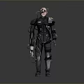 Futuristic Warrior Character Wearing Black Mechanical Armor With Bionic Enhancements