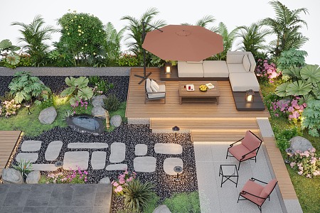 Courtyard landscape outdoor sofa flower pool landscape plants outdoor lighting 3d model