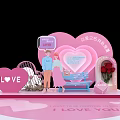 Valentine's Day Pink Theme Scene With Heart Decorations Couple Bench And Roses