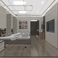 Modern Bedroom Interior With Wooden Floor TV Wall Art And Bedside Tables