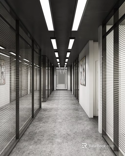 Modern Office Corridor Interior With Glass Partitions Linear Lights And Gray Flooring 3d model 