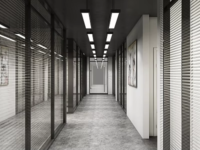 Modern Office Corridor Interior With Glass Partitions Linear Lights And Gray Flooring 3d model