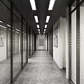 Modern Office Corridor Interior With Glass Partitions Linear Lights And Gray Flooring