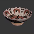 Decorative Household Bowl With Red And Black Floral Patterns Scalloped Edge And Copper Base