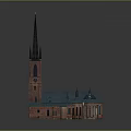 Traditional Red Brick Church Building With Black Topped Tall Spire Blue Roof And Dome