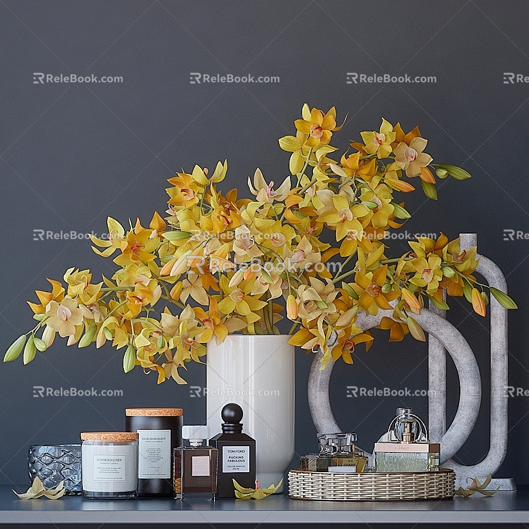 Modern minimalist bathroom countertop yellow floral toiletries decorative ornaments 3d model