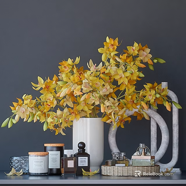 Ornamental Decor Collection With Yellow Orchids White Vase Gray Curved Decor Jars Perfume Bottles 3d model 