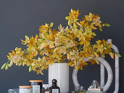 Ornamental Decor Collection With Yellow Orchids White Vase Gray Curved Decor Jars Perfume Bottles 3d model