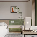 Modern Hotel Room Interior Design With Comfortable Bed Decorative Painting Green Plants And Soft Lighting