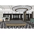 Luxurious Clubhouse Corridor After Renovation With Large Windows Golden Columns And Patterned Floor Tiles