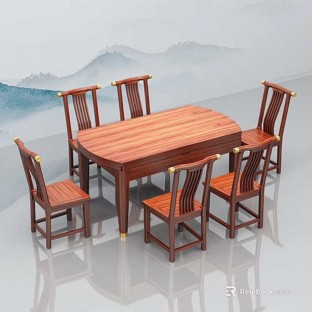 Chinese Style Solid Wood Dining Table Set With Oval Top And Six Chairs 3d model