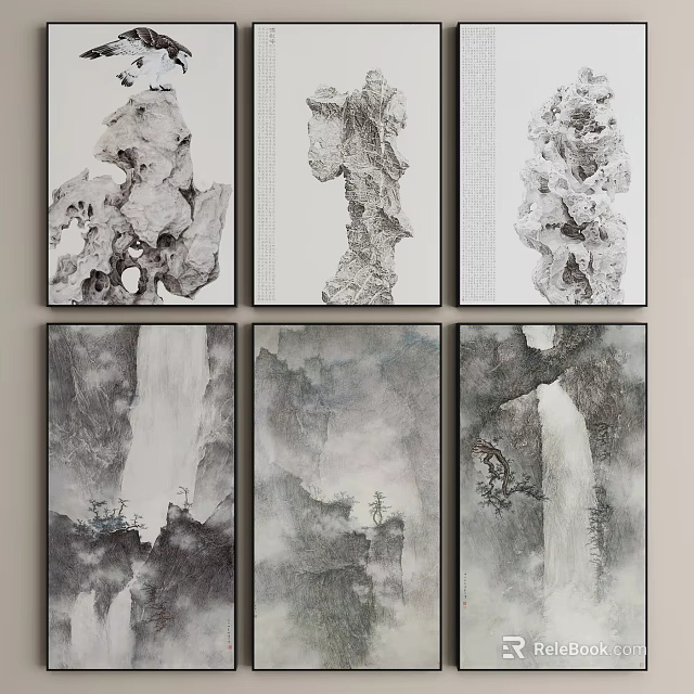 Chinese Traditional Landscape Paintings Featuring Rock Formations Waterfalls And Misty Clouds As Wall Art Decor 3d model 