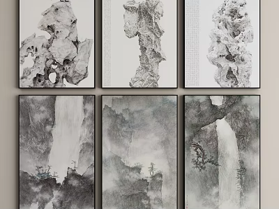 Chinese Traditional Landscape Paintings Featuring Rock Formations Waterfalls And Misty Clouds As Wall Art Decor 3d model