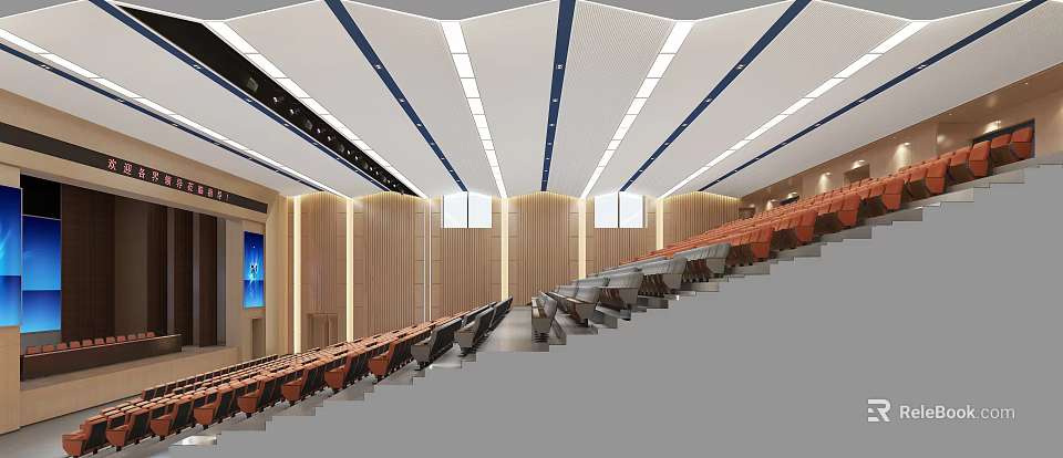Modern Conference Room Interior Design With Tiered Seating Wooden Walls And Ceiling 3d model 