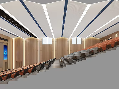 Modern Conference Room Interior Design With Tiered Seating Wooden Walls And Ceiling 3d model