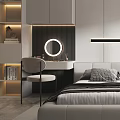 Modern Minimalist Bedroom With Large Bed Dressing Table Round Mirror And Floor to Ceiling Window