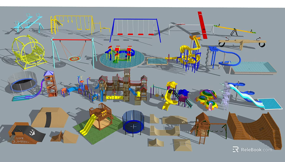 Playground Equipment With Swings Slides Climbing Frames Merry Go Rounds And Sandpits 3d model 