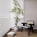 White Blinds Interior Scene With Green Fern Plant Wooden Floor And Woven Chair