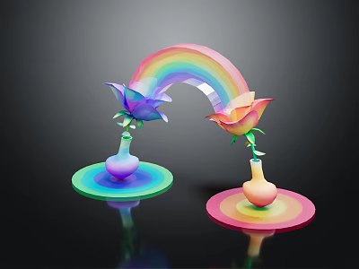 Cartoon Scene With Rainbow Arch Two Flowers In Vases On Colorful Circular Bases And Reflections 3d model
