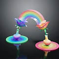 Cartoon Scene With Rainbow Arch Two Flowers In Vases On Colorful Circular Bases And Reflections