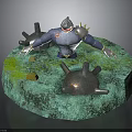 3D Robot Figure On Round Mossy Base With Metallic Mechanical Parts