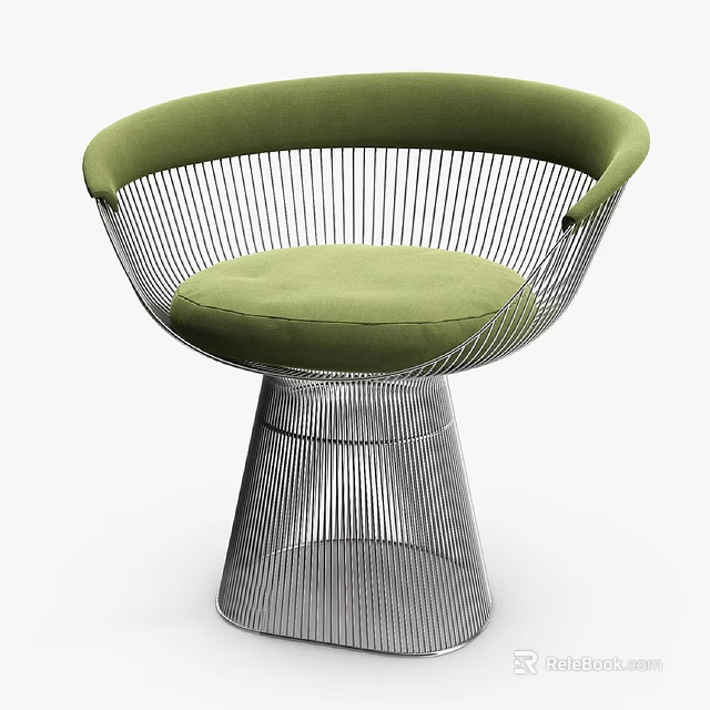 Modern Public Chair With Green Cushion And Metal Wire Mesh Conical Base Design 3d model 