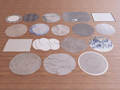 Round Rugs with Various Patterns and Designs Displayed on Wooden Floor 3d model