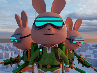 Rabbit Dolls Wearing Blue Glowing Goggles Green Outfits With Backpacks Holding Weapons In City Background 3d model