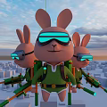 Rabbit Dolls Wearing Blue Glowing Goggles Green Outfits With Backpacks Holding Weapons In City Background