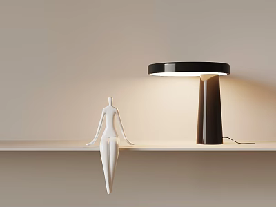 Modern Table Lamp With Black Shade Dark Base Warm Lighting And White Figurine On Shelf 3d model