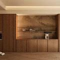 Modern Wooden Sideboard With Mountain Painting Backdrop Open Shelves Coffee Machine And Microwave