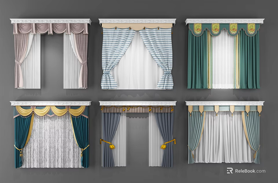 Different Curtain Designs With Colorful Patterns And Decorative Elements 3d model