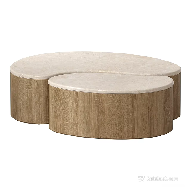 Modern Nested Coffee Tables With Light Stone Top And Wooden Base Design 3d model 