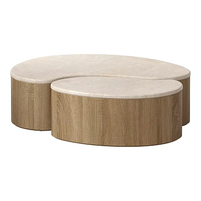 Modern Nested Coffee Tables With Light Stone Top And Wooden Base Design 3d model