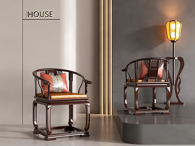 Traditional Chinese Leisure Chairs With Curved Armrests Patterned Cushions And Wooden Frame In Home Interior 3d model